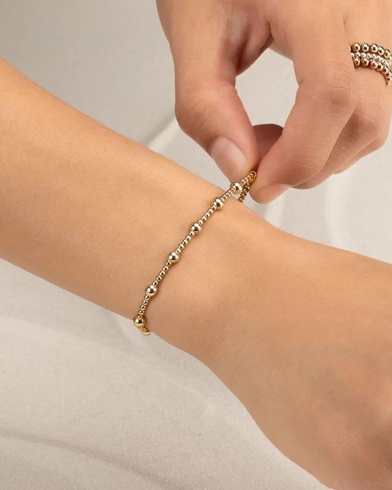 14k GOLD FILLED BEADED bracelet • stackable stretch • waterproof • non-tarnish