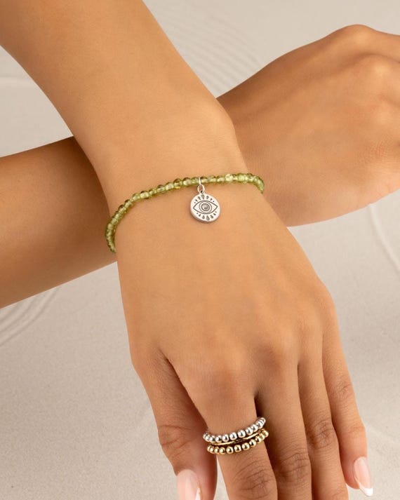 PERIDOT CHARM BRACELET • personalized charm • august birthstone • leo virgo birthday gift • stretch gemstone bracelet • water resistant