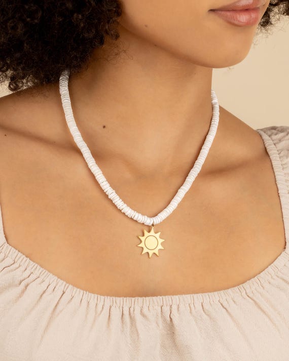 WHITE SEASHELL BEADED necklace with Sun charm • Heishi Hawaiian pendant necklace • wedding jewelry water resistant • NEBH3PCAIp