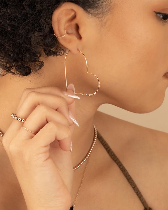 GOLD HEART EARRINGS • delicate dangle hoops • rose gold silver or gold hoops • anniversary bridesmaid gifts • nickel free • valentines gift