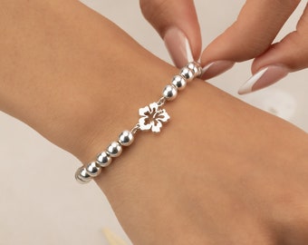 Silver Beaded Bracelet Hibiscus Flower Sterling Silver Bead Anklet Stretch Water Resistant  Mom Girlfriend Daughter 2mm 3mm 4mm 5mm 6mm