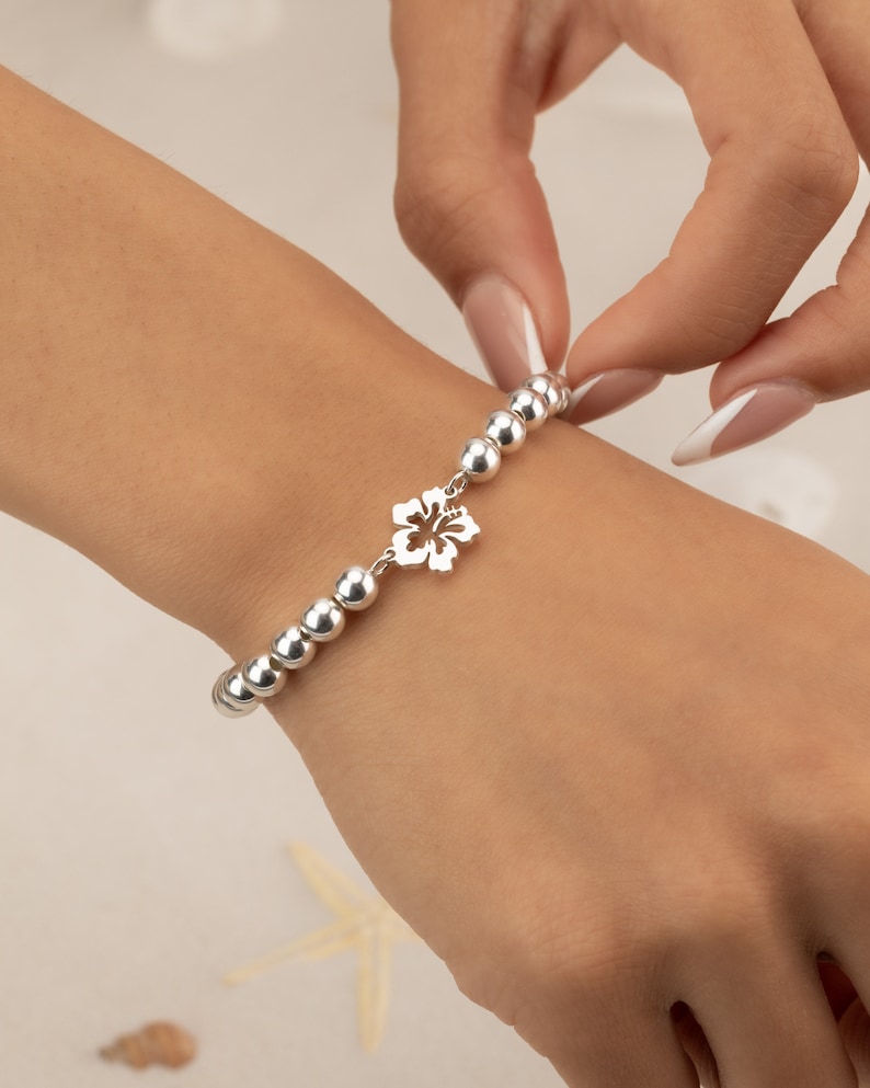 Silver Beaded Bracelet Hibiscus Flower Sterling Silver Bead Anklet Stretch Water Resistant Mom Girlfriend Daughter 2mm 3mm 4mm 5mm 6mm image 1