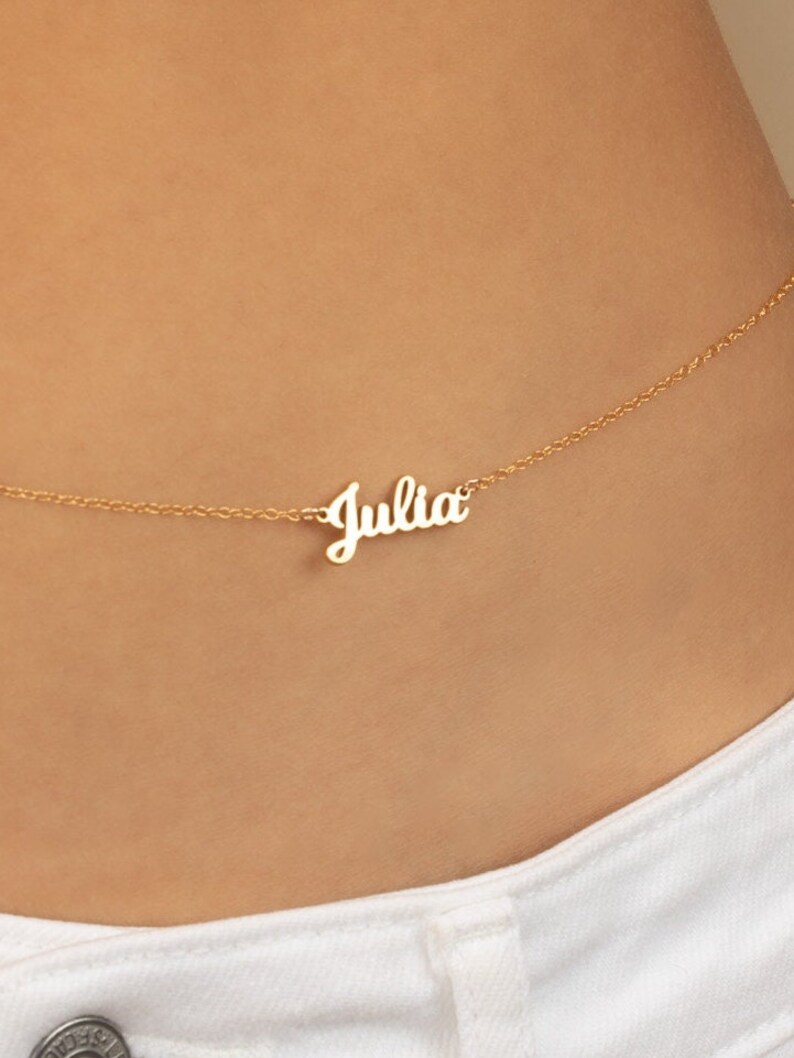 Name Belly Chain Gold Silver Rose Gold PERSONALIZED NAME Cable Waist Chain Bikini Jewelry Bridal Bridesmaid Beach Wedding Water resistant image 2