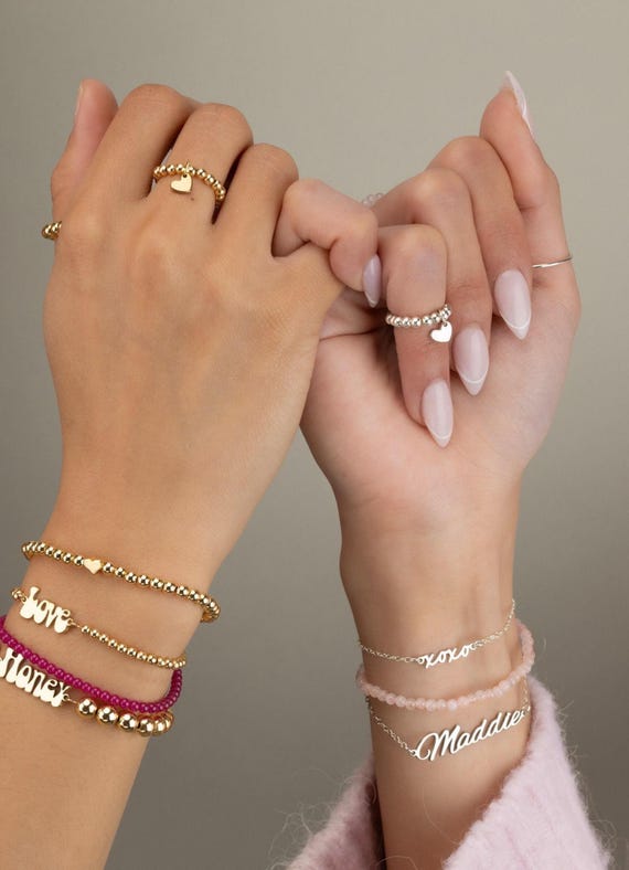 HEART CHARM beaded ring • 14k gold filled, rose or sterling silver • adjustable stackable stretch • water resistant