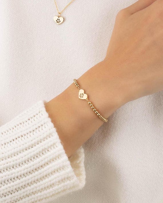 PAW PRINT HEART charm beaded bracelet • perfect gift for cat mom dog lover • stretch water resistant • pet memorial gift • BRBP3CH2AZ