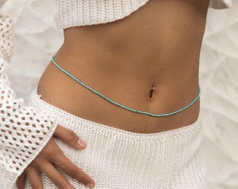 TINY TURQUOISE WAIST beads 2MM • beaded belly chain • December birthstone • Sagittarius Capricorn • adjustable water resistant • BCBS2AQ