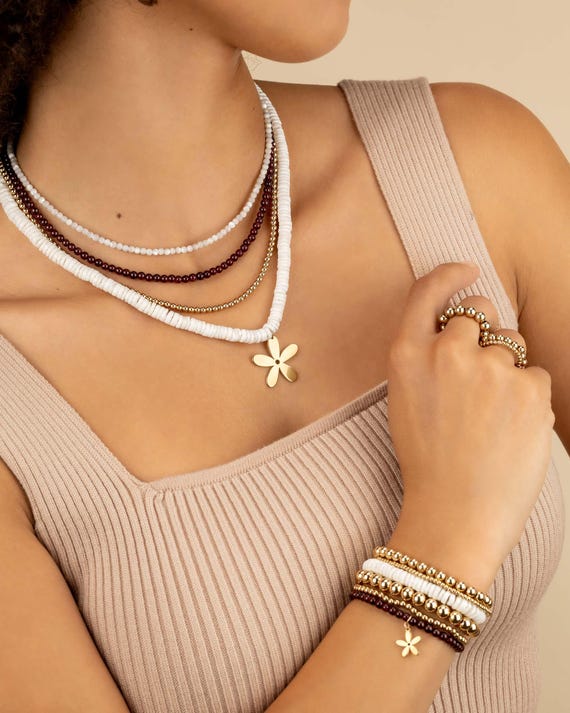 WHITE SEASHELL BEADED necklace with Jasmine Flower charm • Heishi Hawaiian pendant necklace • wedding jewelry water resistant • NEBH3PCAEp