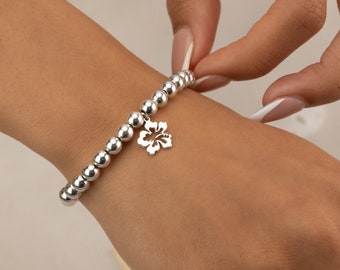 Silver Beaded Bracelet Hibiscus Flower Charm Silver Bead Anklet Stretch Sterling Water & Tarnish Resistant Nickel Free 2mm 3mm 4mm 5mm 6mm