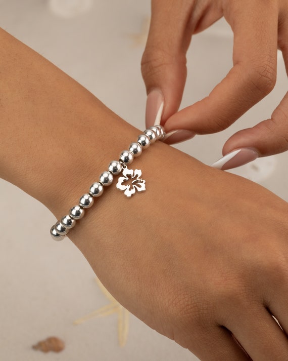 Silver Beaded Bracelet Hibiscus Flower Charm Silver Bead Anklet Stretch Sterling Water & Tarnish Resistant Nickel Free 2mm 3mm 4mm 5mm 6mm