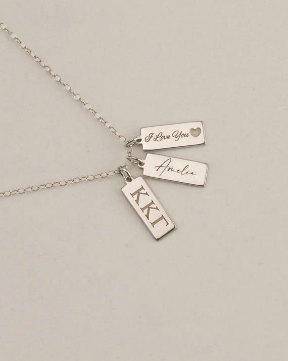 SORORITY ENGRAVED TAG charm pendant necklace • personalized multi charms • greek letters, name, date, symbol • gold, rose or sterling silver