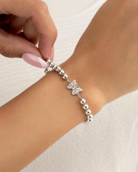 BUTTERFLY CHARM beaded bracelet • gift for her • 14k gold filled or sterling silver • stretch stacking bracelets • water resistant