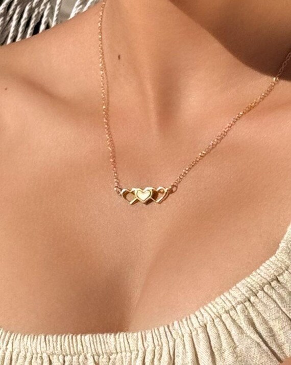 THREE HEARTS NECKLACE • dainty heart necklace • perfect gift for her • friendship • layering necklace • water resistant pendant • NECC3PCAZ