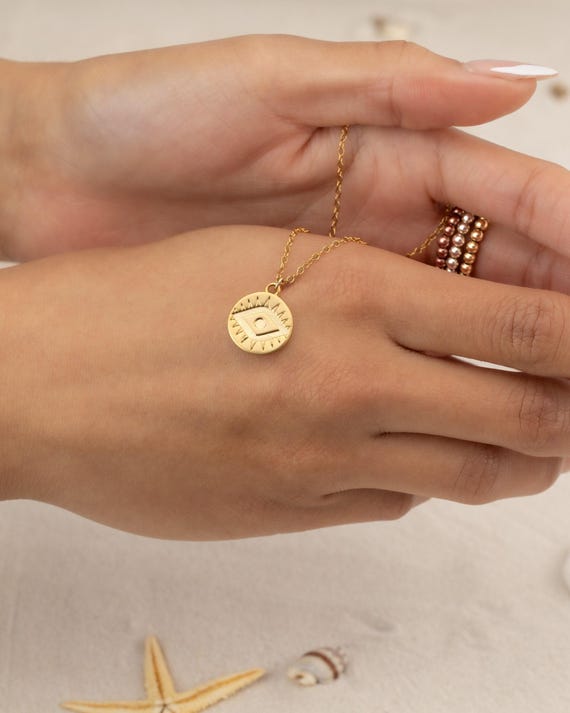 Gold Coin Necklace EVIL EYE Charm Pendant Layering Necklace Good Luck Medallion Wife Girlfriend Sister Aunt Friend Birthday Gift Halloween