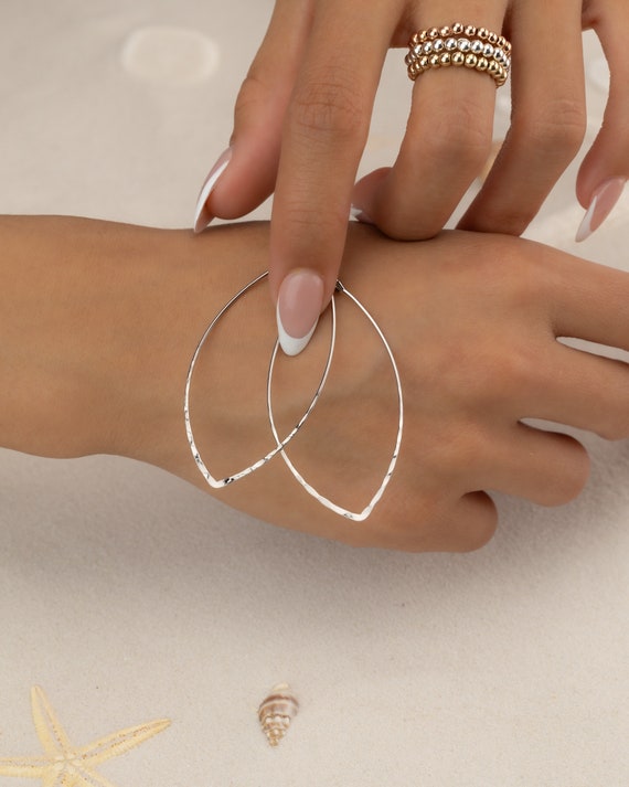 Silver Hoop Earrings Large Geometric Hoops Thin Delicate Silver Gold Oval Leaf Shaped Pierced Earrings Long Drop Bohemian Festival Jewelry