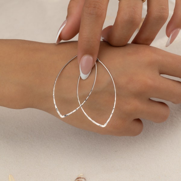 Silver Hoop Earrings Large Geometric Hoops Thin Delicate Silver Gold Oval Leaf Shaped Pierced Earrings Long Drop Bohemian Festival Jewelry