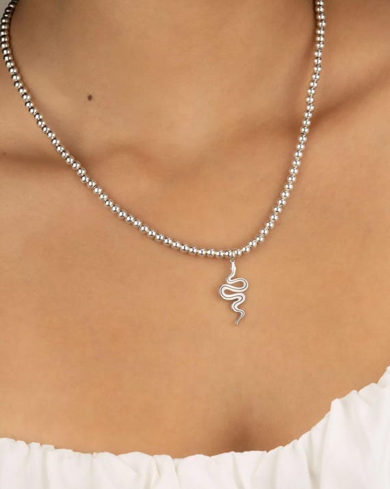 STERLING SILVER BEADED snake necklace • animal lover charm pendant • statement necklace • serpent charm • water resistant • anniversary gift
