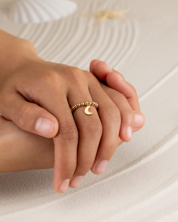 MOON CHARM beaded ring • dainty ring for her • crescent moon dangle charm • stackable stretch water resistant adjustable • RIBP3MCAW