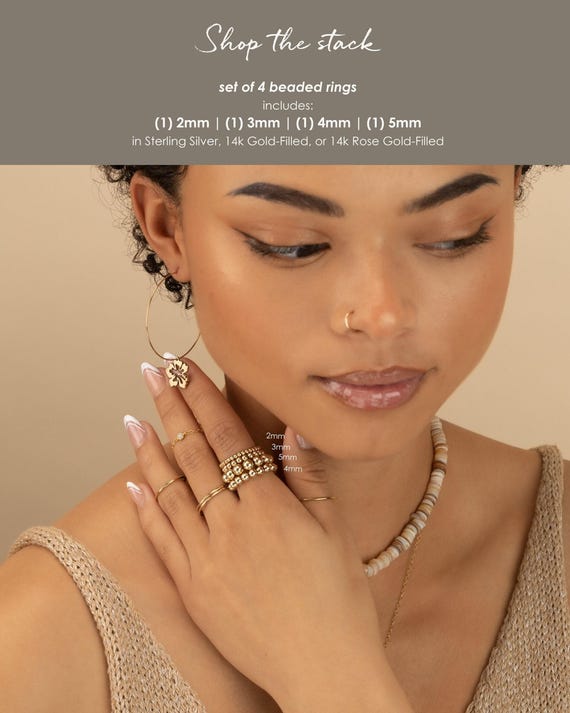 GOLD BEADED RING • dainty ring • stackable, stretch, and water resistant • friendship anniversary ring • sterling silver rose gold • RIBP2AA