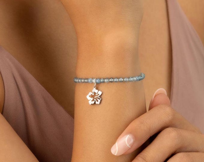 AQUAMARINE CHARM BRACELET • personalized charm • march birthstone • pisces aries • dainty bracelet gift • stretch water resistant BRBS3CHAGp