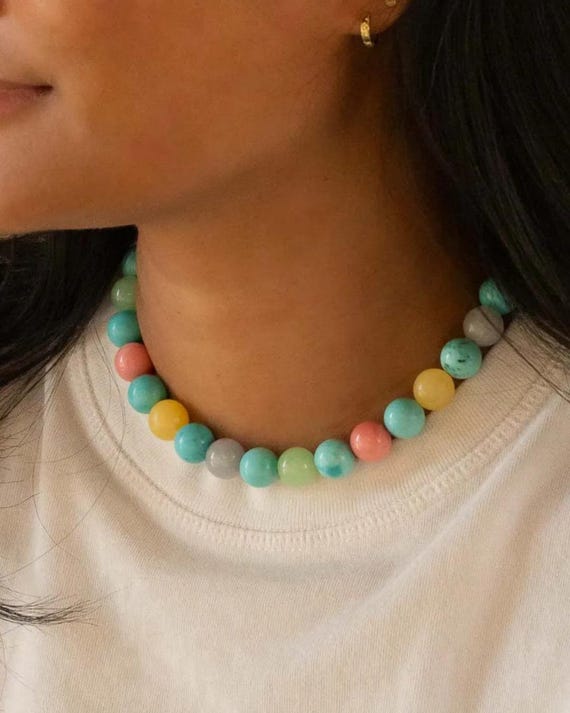CHUNKY BEAD NECKLACE • genuine jade and turquoise gemstones • colorful big beaded choker • water-resistant • statement jewelry