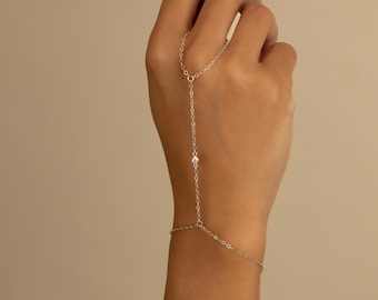 STERLING SILVER CZ hand chain • simple dainty ring bracelet • water and tarnish resistant