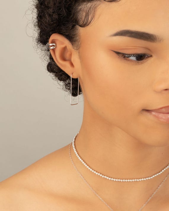 SILVER HOOPS RECTANGLE earrings • delicate geometric dangle earrings • silver gold hoops • anniversary birthday gift • nickel free • EAHL1AX