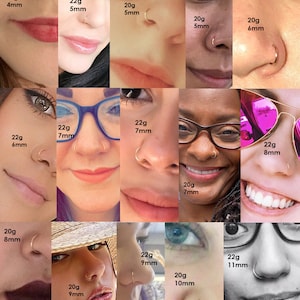 May include: A collage of close-up images of different sizes of gold nose rings. The nose rings are shown on different people with different skin tones. The images are labeled with the gauge and diameter of each nose ring. The text 'mermaid beads' is visible in the bottom right corner of the image.