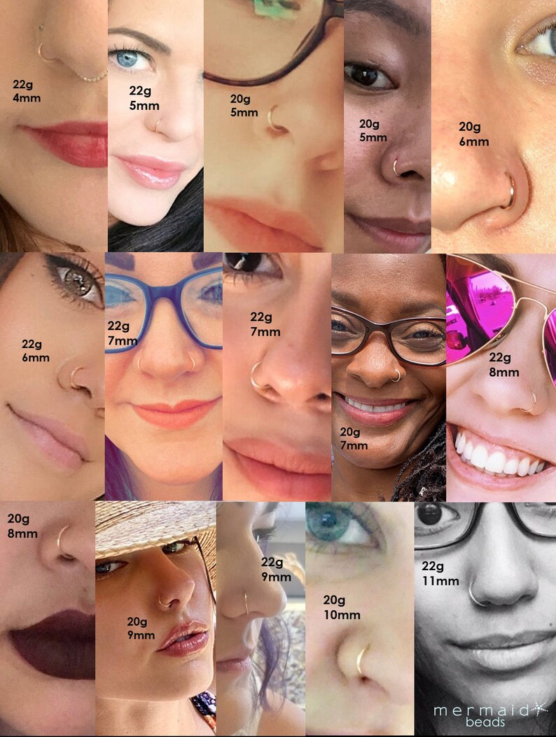 May include: A collage of close-up images of different sizes of gold nose rings. The nose rings are shown on different people with different skin tones. The images are labeled with the gauge and diameter of each nose ring. The text 'mermaid beads' is visible in the bottom right corner of the image.