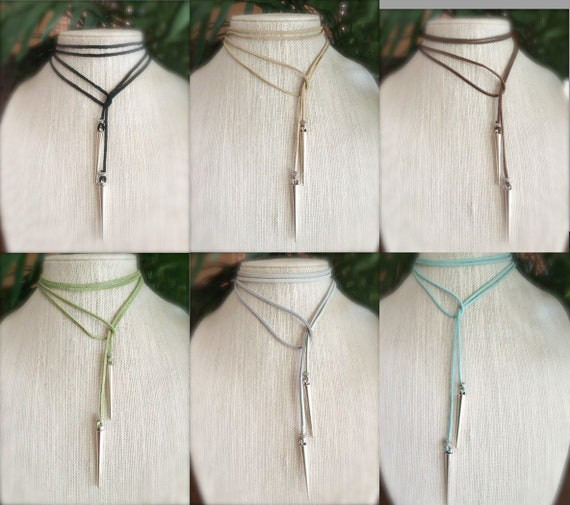 Leather Choker Necklace Vegan Suede Lariat Boho Festival Jewelry Spike  for Her Long wrap Necklace Personalized Custom Summer Jewelry