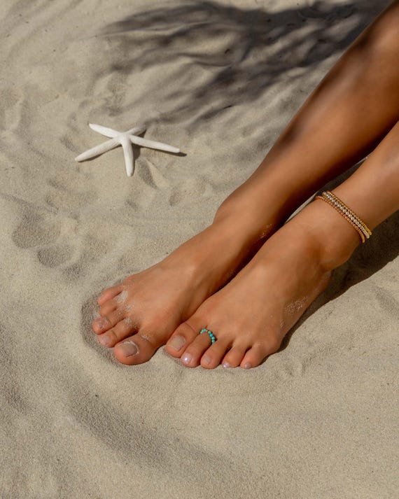 TURQUOISE TOE RING • December birthstone 3mm beads • Sagittarius Capricorn • dainty friendship ring • stretch water resistant • RIBS2AU