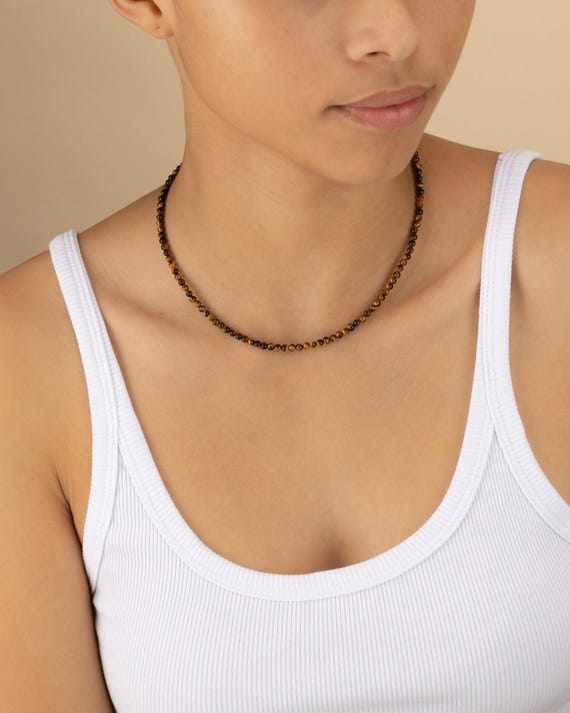 TIGER EYE NECKLACE 3MM • genuine gemstone • gold brown jewelry • anniversary birthday • layering statement • water resistant