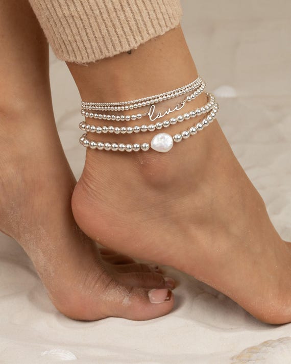 LOVE ankle bracelet with pearl • personalized beaded bracelet gift • stackable stretch and water resistant • bridal jewelry • gift for wife