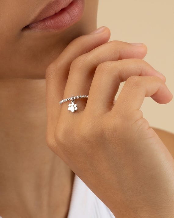 PAW PRINT CHARM beaded ring • dainty ring for her • dog mom cat lover • pet memorial gift • stackable stretch water resistant • RIBP3MCAD
