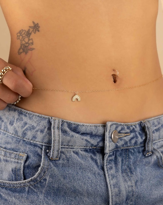 RAINBOW CHARM BELLY chain • personalized body chain • bikini body jewelry • pretty waist chain • water resistant beach lover gift BCCC3CHAM