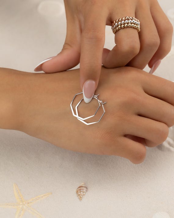 SILVER HEXAGON EARRINGS • delicate geometric hoops • classic everyday jewelry • anniversary birthday gift • nickel free
