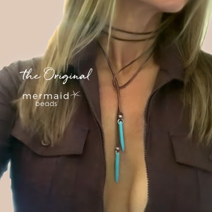 LEATHER TURQUOISE Choker Necklace Vegan Suede Jewelry Western Beach Coastal Cowgirl Boho Spike Bolo Lariat Wrap Concert Jewelry Mothers Day image 1