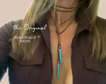 Leather Turquoise Necklace Vegan Suede Jewelry Bohemian Necklace Turquoise Spike Choker Handmade Lariat Wrap Tie Festival  for Her