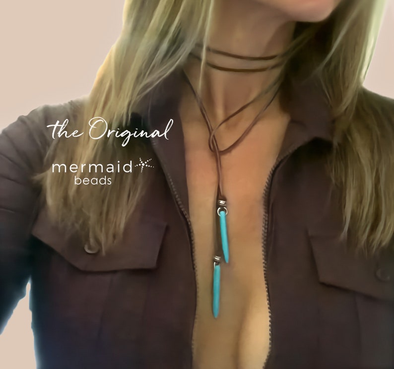 LEATHER TURQUOISE Choker Necklace Vegan Suede Jewelry Western Beach Coastal Cowgirl Boho Spike Bolo Lariat Wrap Concert Jewelry Mothers Day image 1