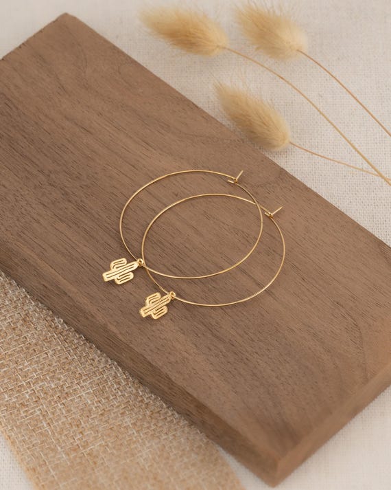 GOLD HOOPS EARRINGS with charm • delicate dangle earrings • cactus feather • coastal cowgirl anniversary birthday gift nickel free • EAHL1AQ