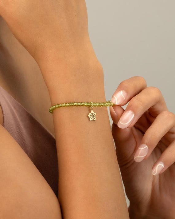 PERIDOT CHARM BRACELET • personalized charm • august birthstone • leo virgo gift • semi precious gemstone • stretch water resistant bracelet