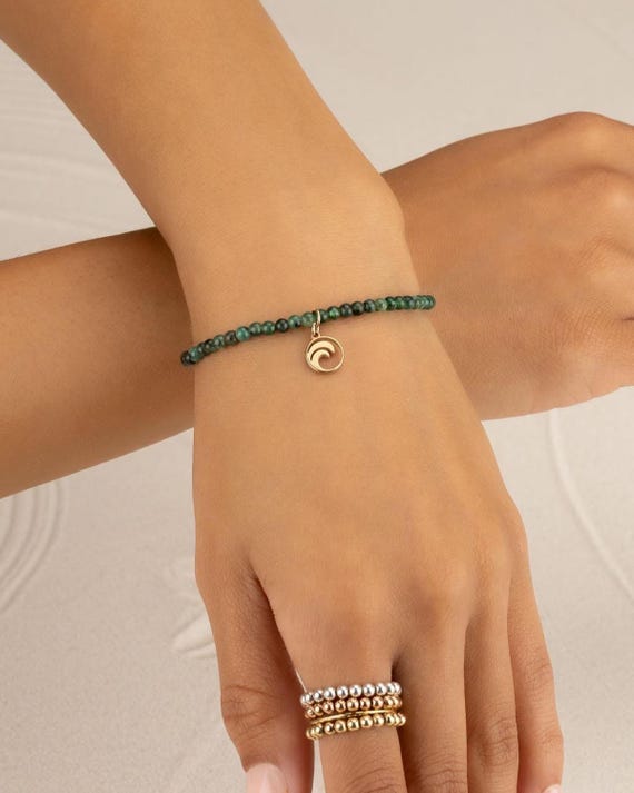 EMERALD CHARM BRACELET • personalized charm • may birthstone • taurus gemini • dainty bracelet gift • stretch water resistant • BRBS3CHAQp