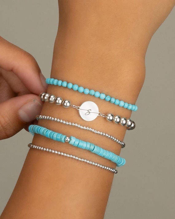 CHARM BRACELET with Intial • personalized gift for her •  engraved initial bracelet • stretch bracelet anklet • water resistant BRBP3CH2AXp