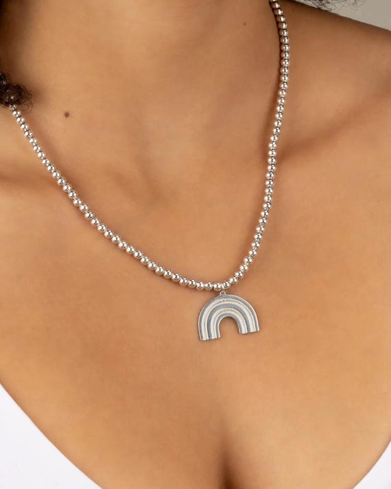 STERLING SILVER RAINBOW necklace • beaded charm pendent • statement necklace • beach wedding • water resistant • anniversary gift
