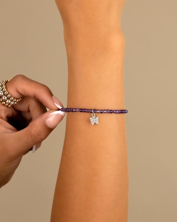 AMETHYST CHARM BRACELET • personalized charm • February birthstone • Aquarius Pisces • dainty bracelet • stretch water resistant BRBS3CHAEp