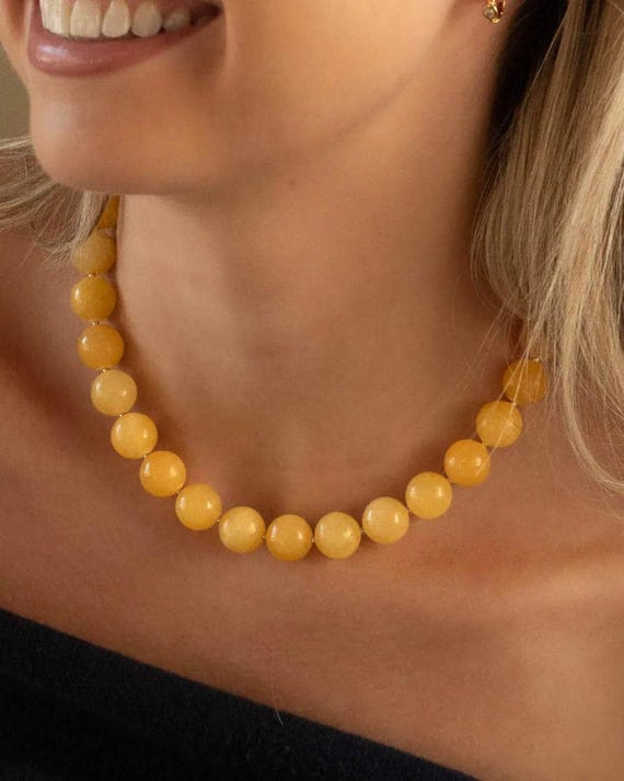 CHUNKY BEAD NECKLACE • genuine yellow jade gemstone • lemon yellow big beaded choker • water-resistant • statement jewelry