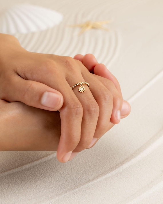 SUN CHARM beaded ring • dainty friendship ring for her • sun dangle charm • stackable stretch water resistant adjustable • RIBP3MCAI