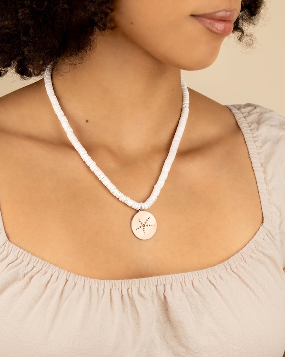 BEADED CHARM NECKLACE • white seashell heishi Hawaiian pendant • statement choker • beach wedding jewelry • water resistant