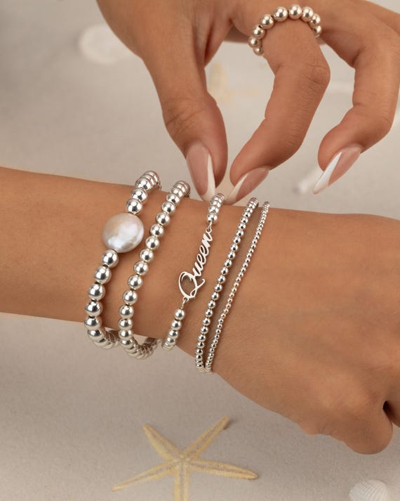 QUEEN NAME BEADED bracelet set • perfect gift for her • dainty bracelet stack • stretch and water resistant • bridal jewelry • BRBP3BJCAp