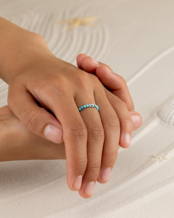 TURQUOISE RING 3MM • December birthstone beads Sagittarius Capricorn • dainty friendship ring • stackable stretch water resistant • RIBS2AT