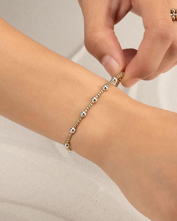 MIXED METAL bracelet • 14k gold filled and 925 sterling silver round beads • two-tone bracelets • stackable stretch • waterproof • 2g4s